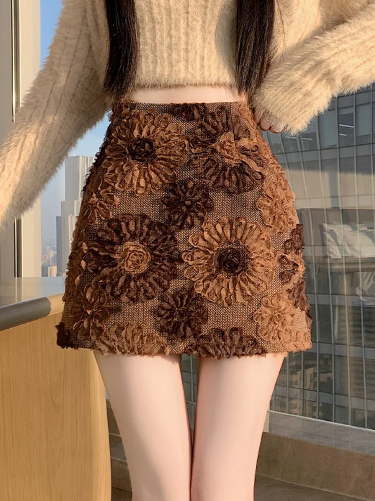 

Vintage Elegant Skirts For Women Clothing High Waist A Line Skirts 2025 New Autumn Winter 3D Flower Short Skirt Streetwear