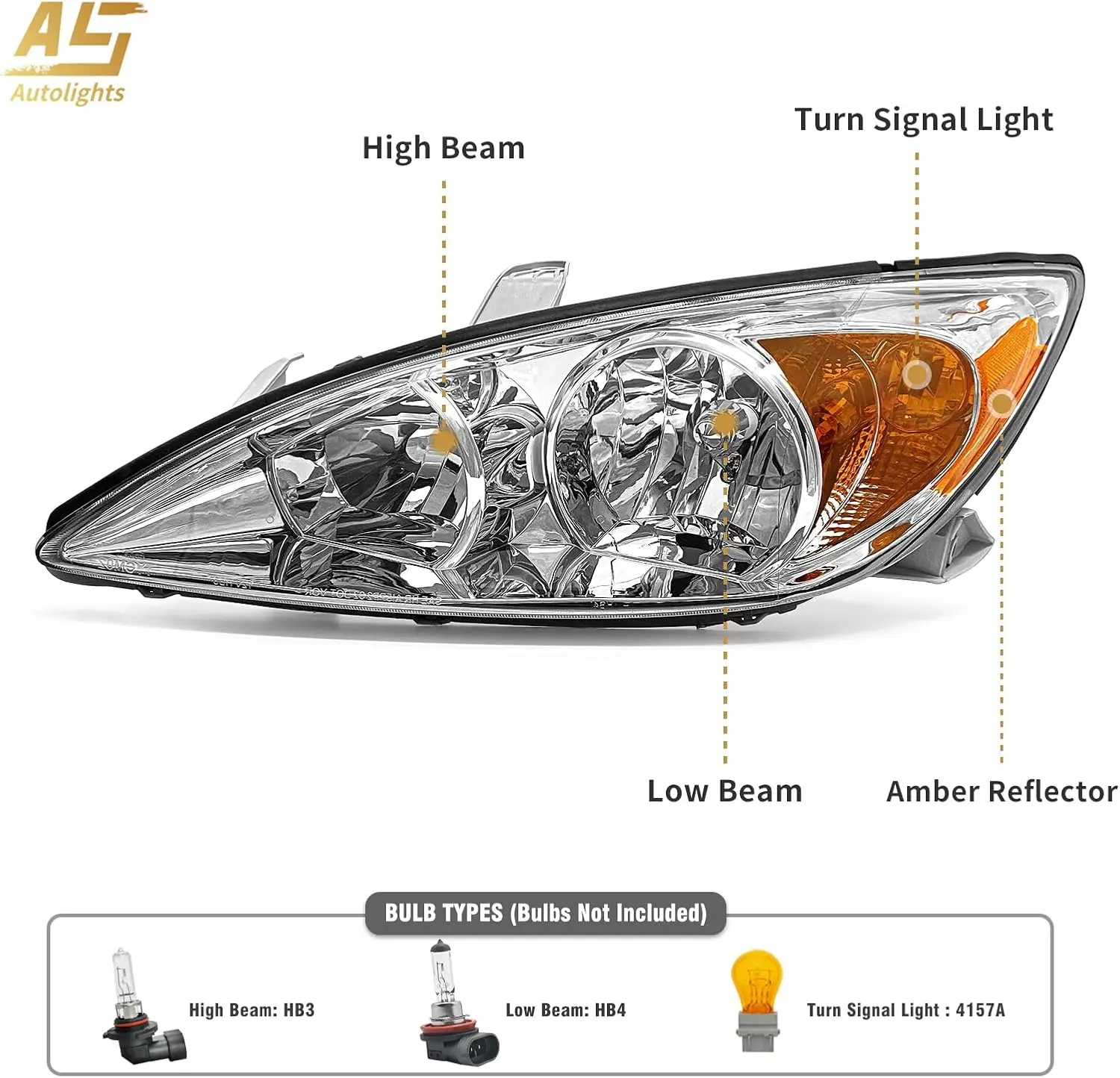 Headlight Assembly Compatible with 2002 2003 2004 TOYOTA CAMRY Chrome Housing Amber Reflector Clear Lens Driver and Passenger