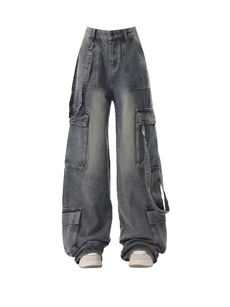 Jeans cargo larghi retrò americani da donna a vita alta tasche multiple pantaloni in denim vintage streetwear pantaloni larghi a gamba larga