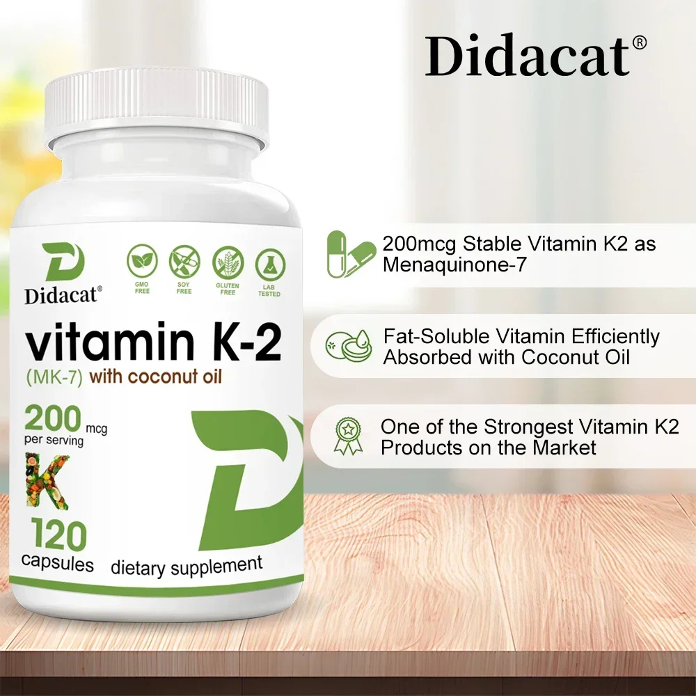 Vitamina K2 (MK-7) com óleo de coco 200MCG Cápsulas de vitamina não OGM, vegana, natural, sem glúten, metabolismo de cálcio, saúde óssea