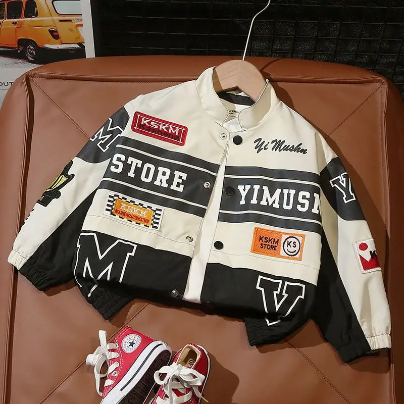 2026 Spring Autumn Baby Boys Racing Jacket Kids Fashion Letter Patchwork Single Breasted Outerwear Children Clothing Streetwear