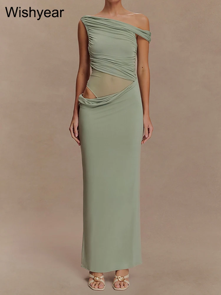 فستان طويل صيفي بدون أكمام من Wishyear للحفلات الليلية للنوادي الليلية للنساء أنيق لحفلات أعياد الميلاد وحفلات التخرج بكتف واحد فساتين ماكسي سوداء فاتنة