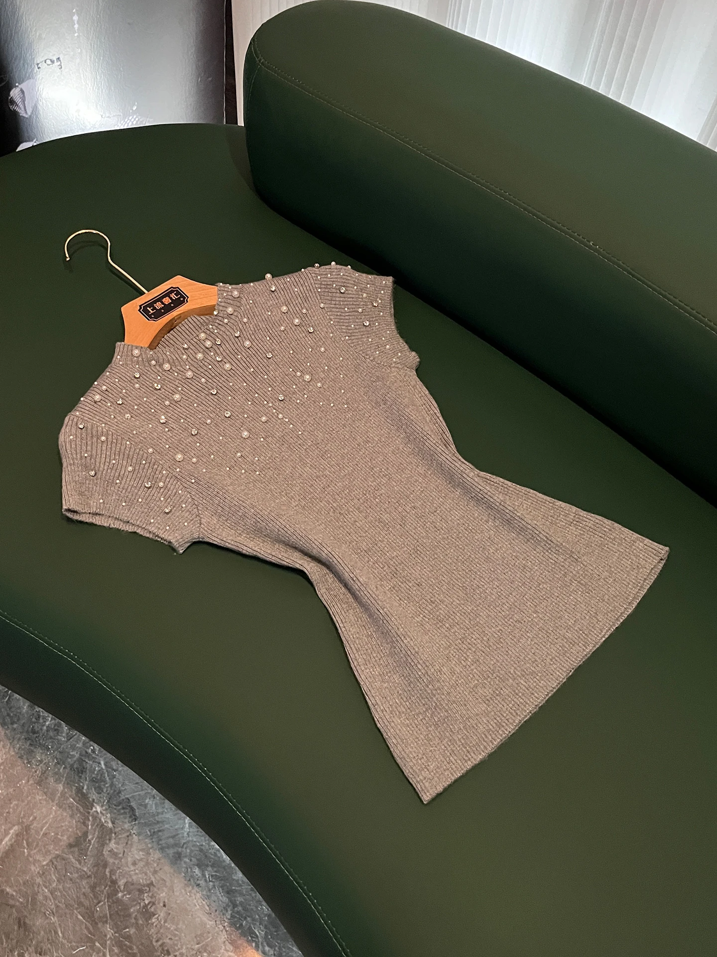 

Summer New round Neck Beaded Knitwear Women's Short Sleeve Slim Thin Base Shirt Grey Top Commute Style Fashion Polyester Blend