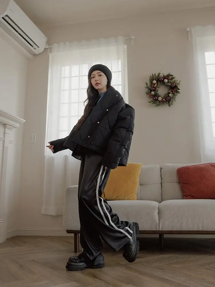 

Новинка Queenop: женские повседневные брюки из шелка с кружевными вставками, прямые, с эластичным поясом, осень-зима