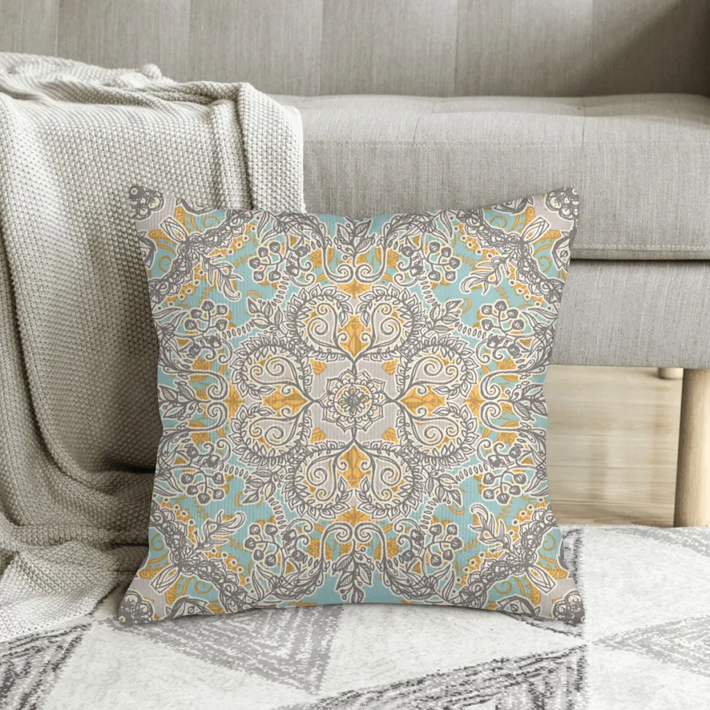 Gypsy Floral in Soft Neutrals Grey and Yellow on Sage Boho Style Polyester Cushion Cover For Bedroom Decorative Pillow Cover