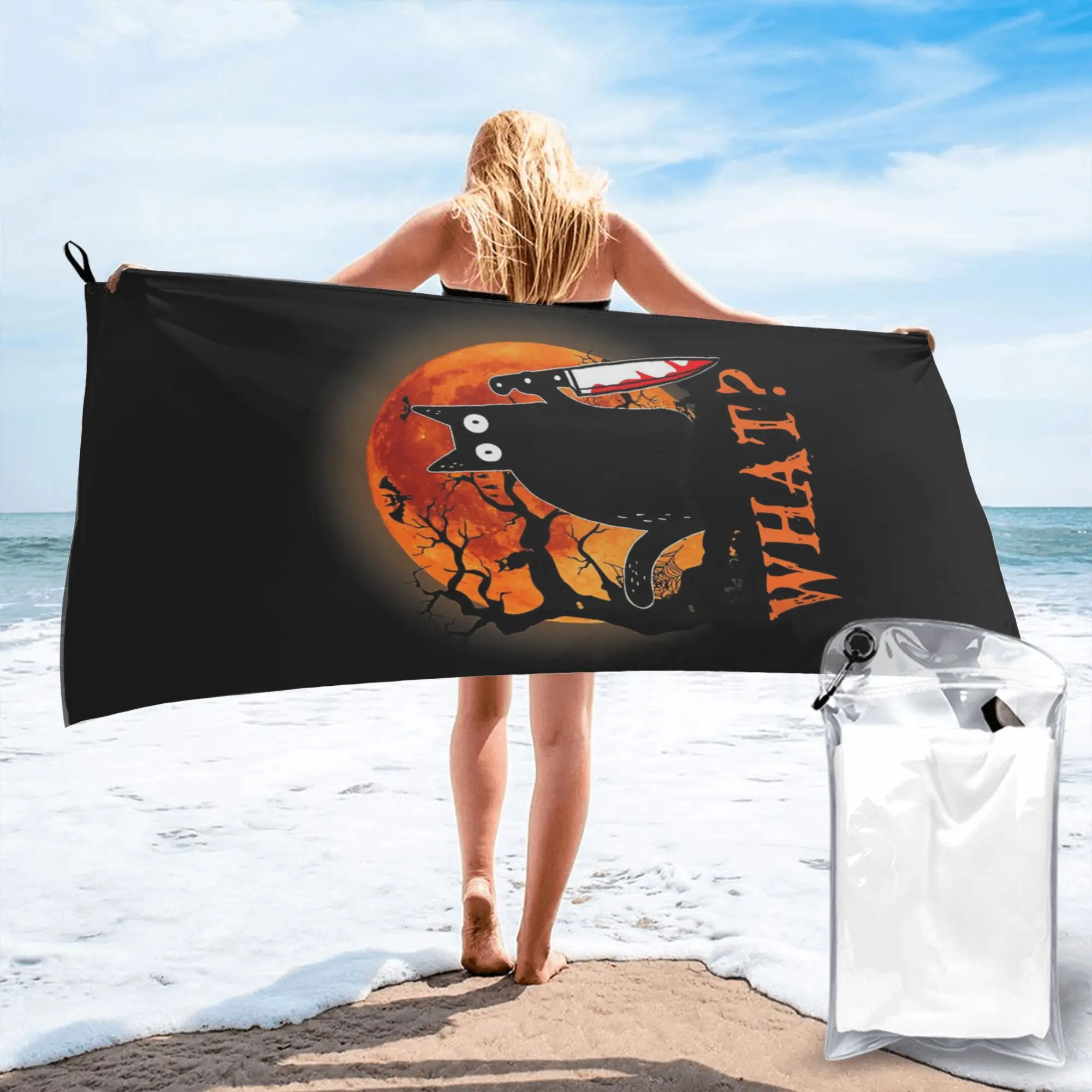 What Murderous Black Cat With Knife Halloween Beach Towel Soft Microfiber Quick Dry Absorbent Quick Towels For Yoga
