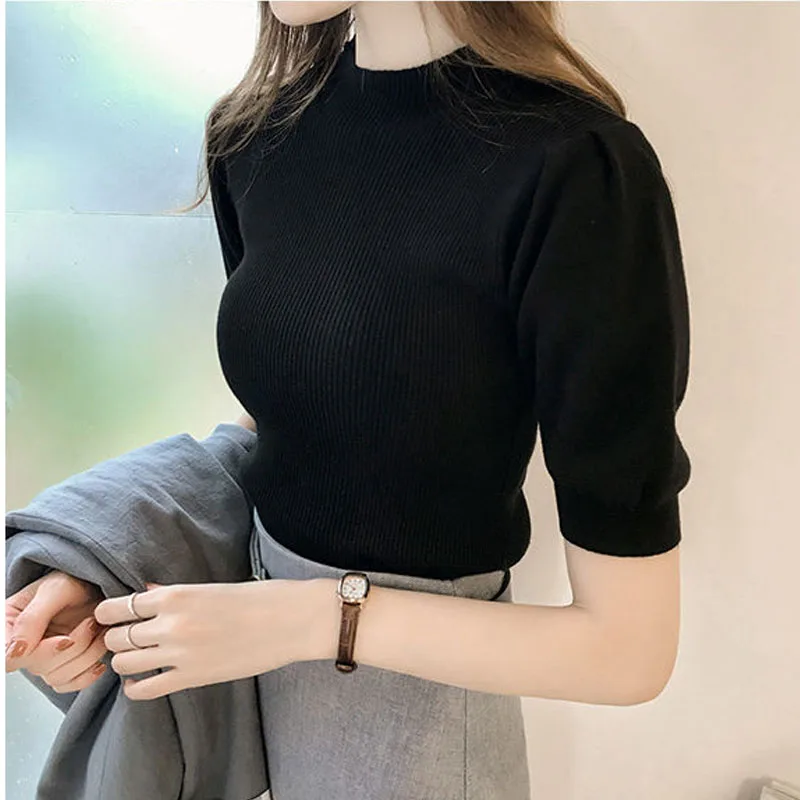 New Knitted Bottoming Woman T-shirts 2024 Casual Short Sleeve Women\'s Tops Slim Summer Lady Clothes Women Knit Shirts 15662