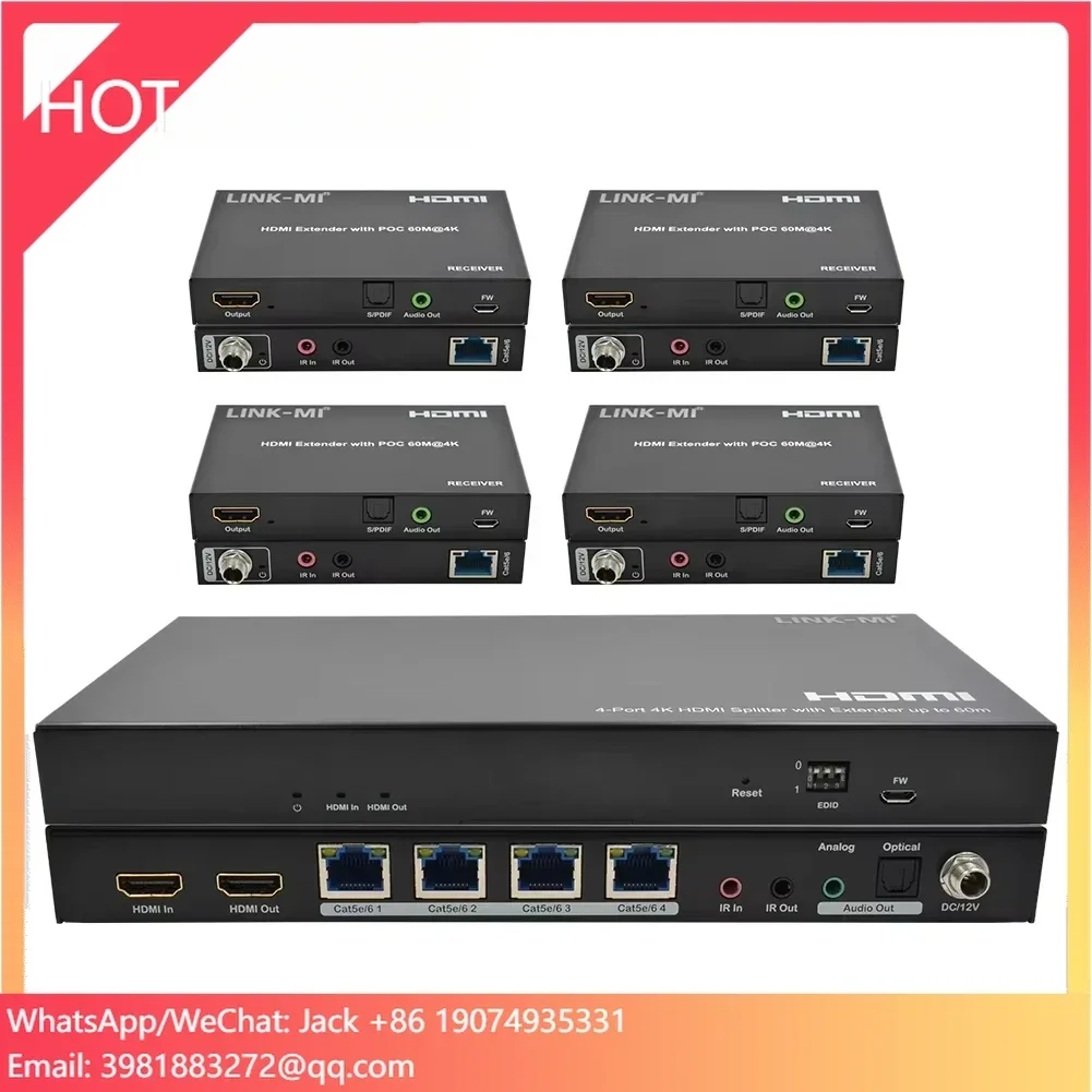 LINK-MI Extender splitter HDMI 2.0 a 4 porte su RJ45 Supporto 60M con audio analogico e digitale, 4K a 60 Hz, splitter AV POC 1X4