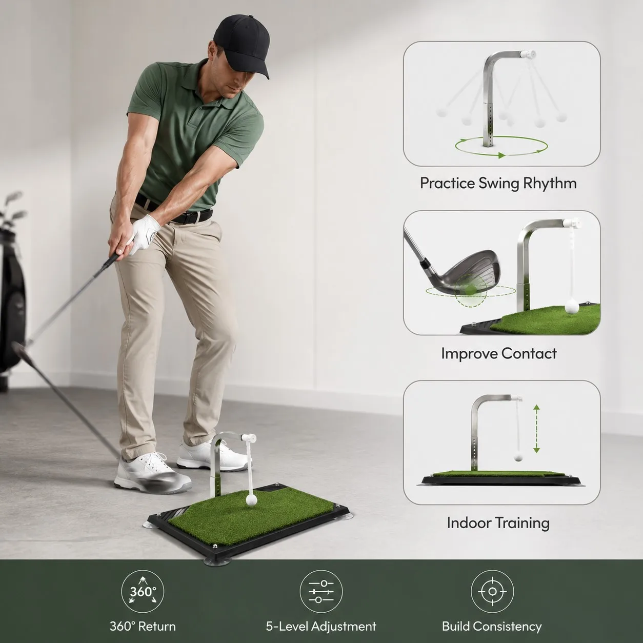 Golf Swing Trainer Mat Indoor 360 Degree Ball Return Practice Aid with 5-Level Adjustable Height