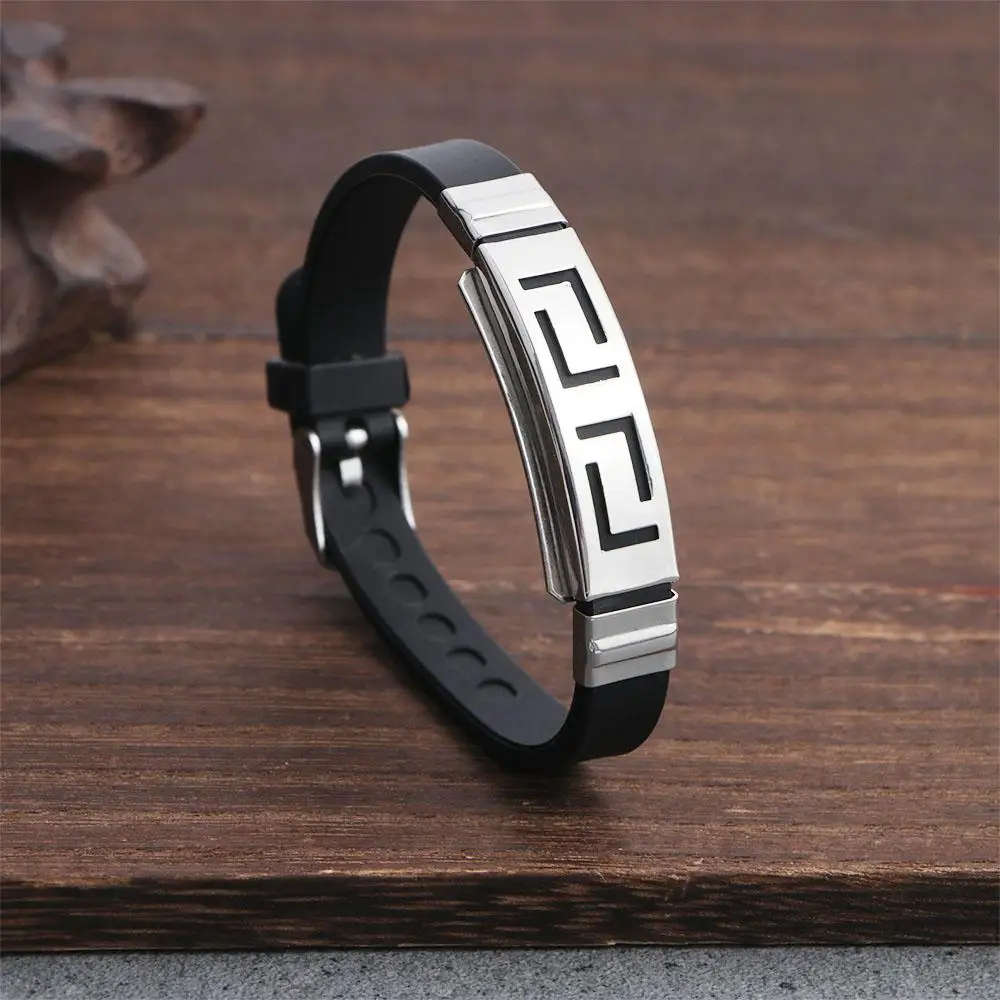 Waterproof Stainless Steel Hui Pattern Personality Cross Men Wristband Jewelry Accessories Silicone Bracelet Korean Hand Rope