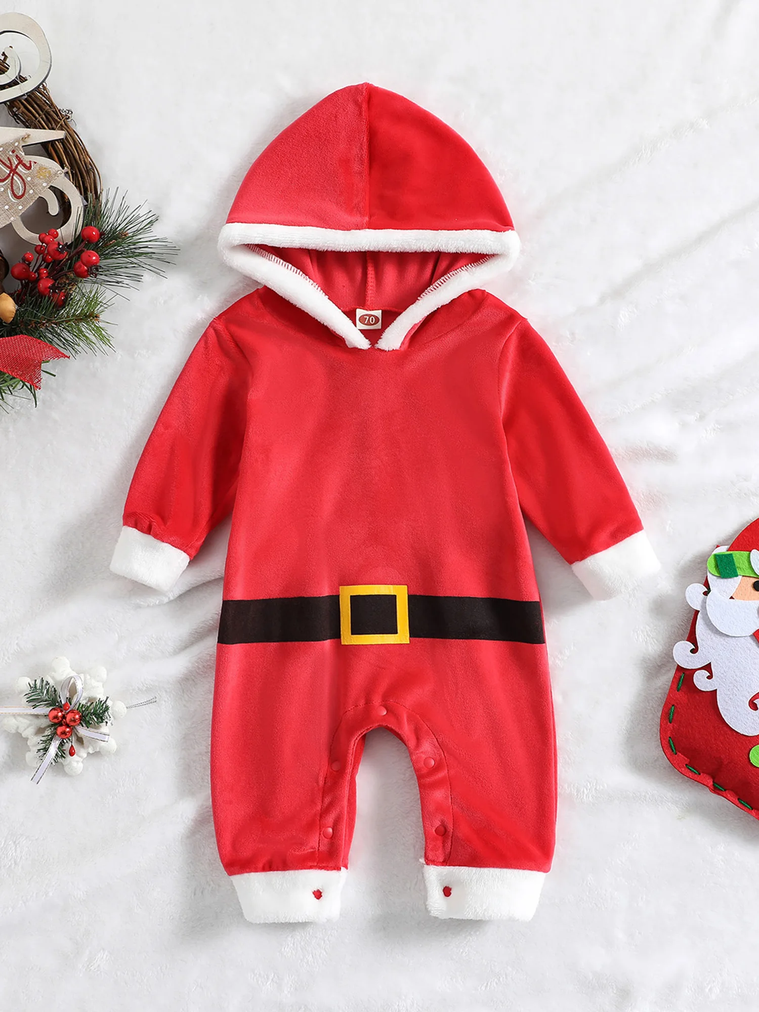 Infant Toddler Winter Warm Rompers Red Velvet Hooded Jumpsuits Christmas Outfits for Baby Girls Boys