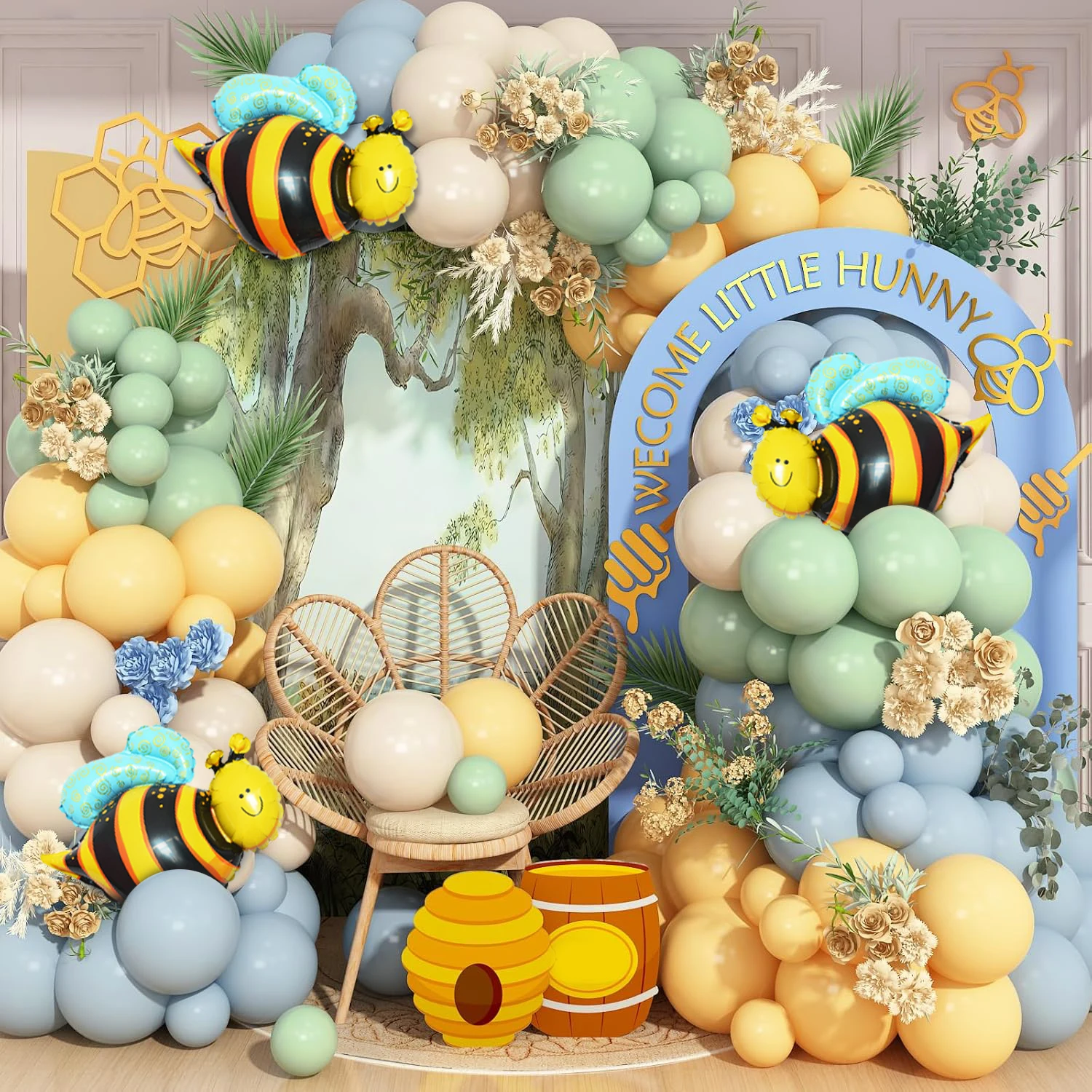 Sage Green, Gray Blue, Yellow Balloon Garland, 124 Pieces, Slate Blue, Olive Green, Yellow Sand, White Cream Party Latex Balloon Arch Kit, Bridal