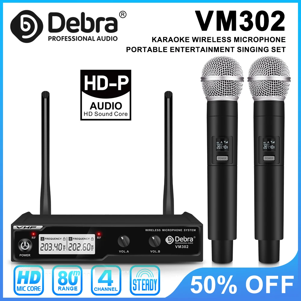 

VM302 UHF wireless microphone system with 2 handheld wireless microphones, 80 meters, for churches, presentations, home karaoke