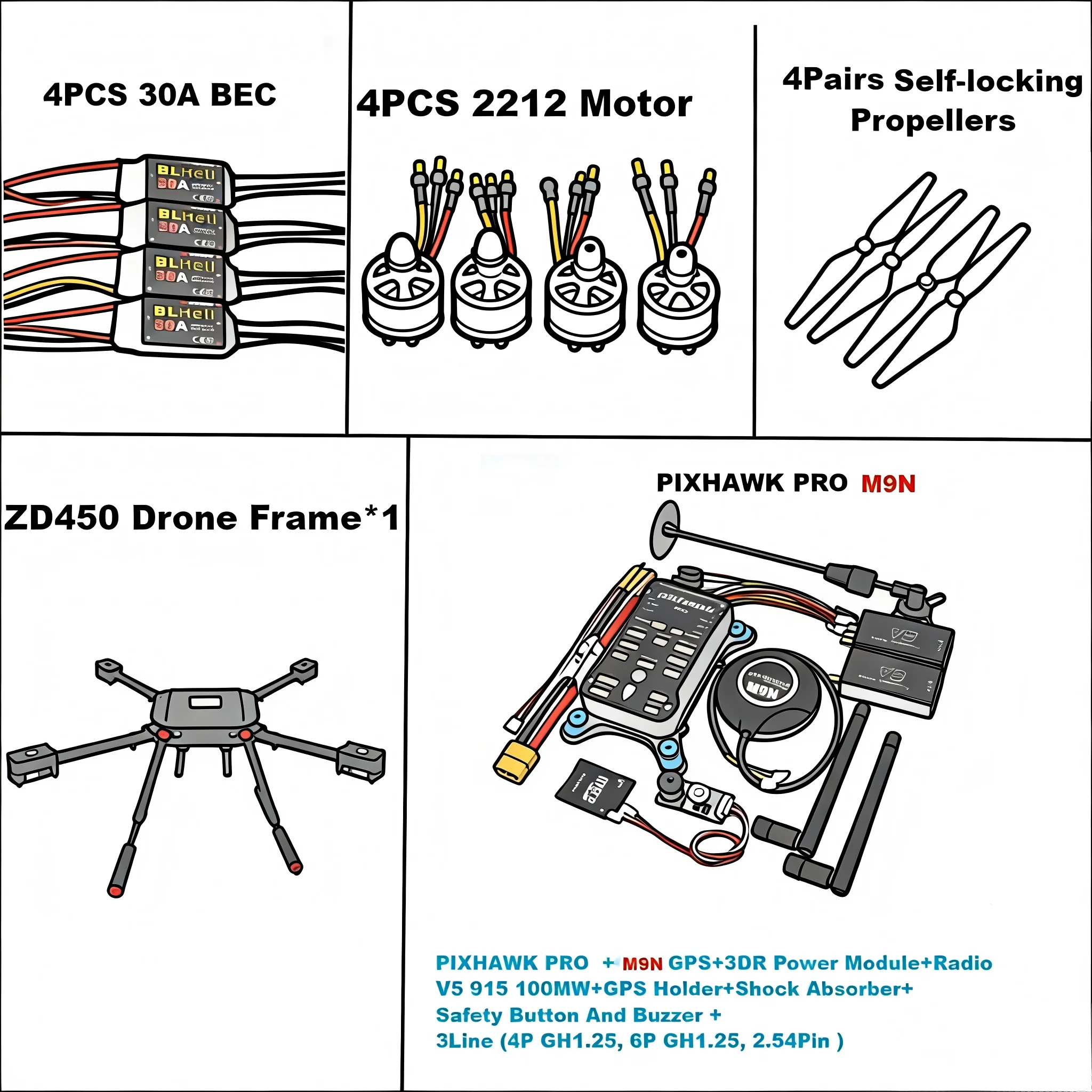 PRO Flight Control Carbon Fiber 450 Frame Kit Ardupilot 100MW Radio Telemetry Quadcopter BLHELI 30A ESC 2212 Motor