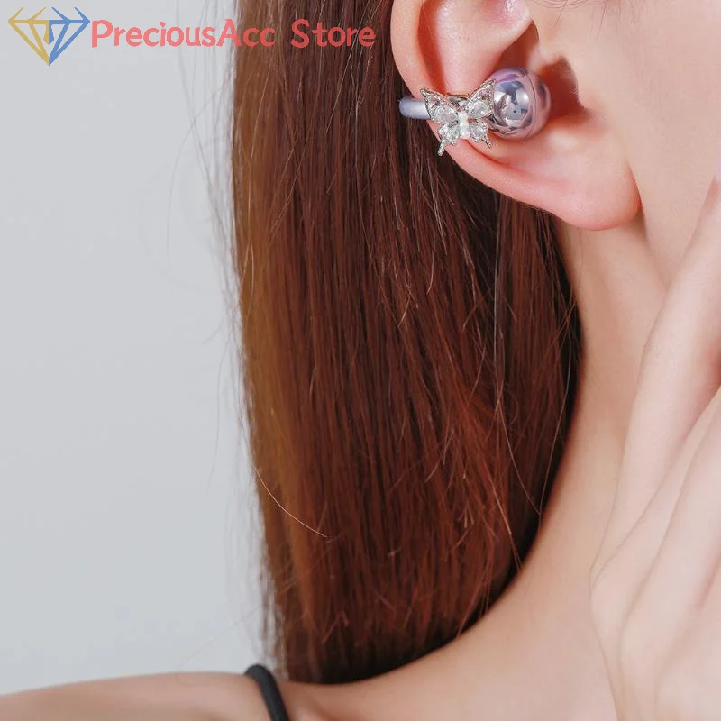 Clip On Open Ear Wireless Earbuds Butterfly Crystal Chain Decor Comfortable Daily Audio Accessory