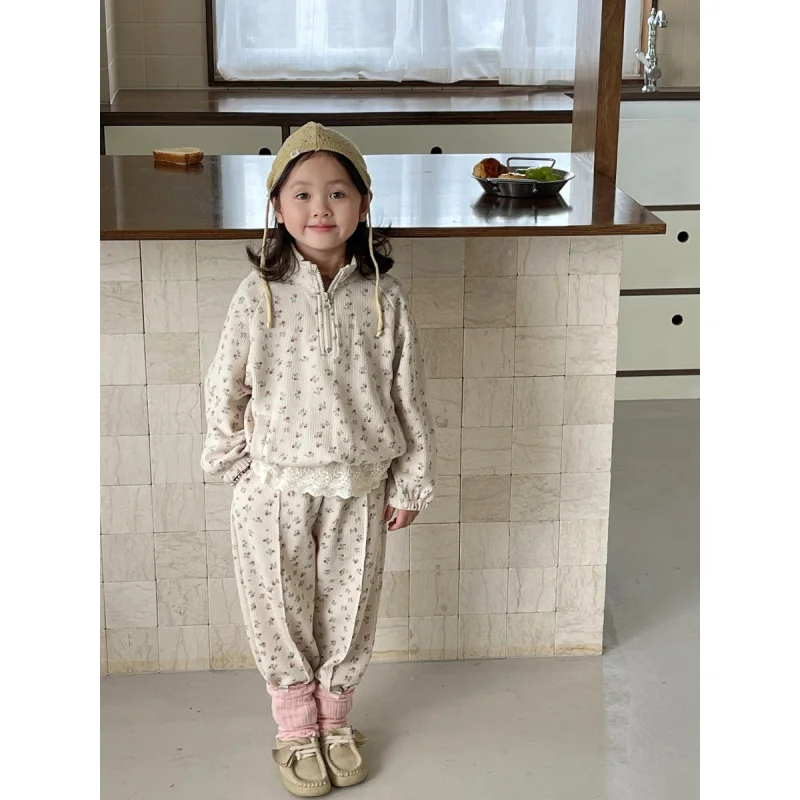 

2025autumn new boys and girls Korean style casual sweatshirt high-end temperament floral two-piece set