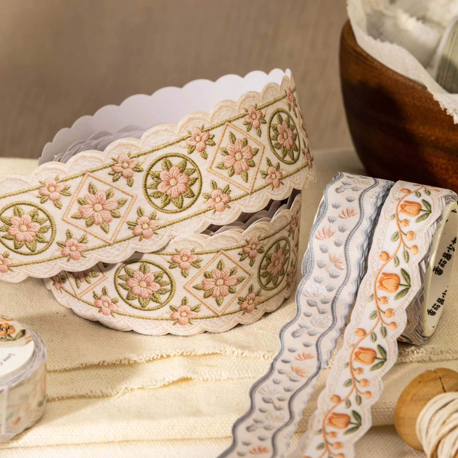 

Серия с вышитыми краями: винтажная кружевная лента с цветочным пейзажем, креативный материал для DIY-журналов, коллажей, скрапбукинга, канцелярские товары