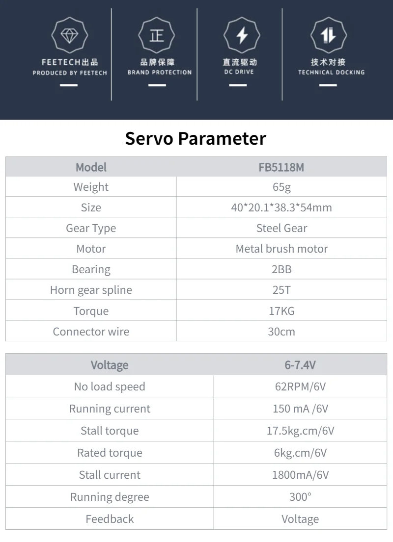 1/2/4 pezzi FT5118M 7.4V 17kg.cm Servo digitale 280 gradi Angolo non controllabile Ingranaggi metallici Nucleo sterzo Servo motore