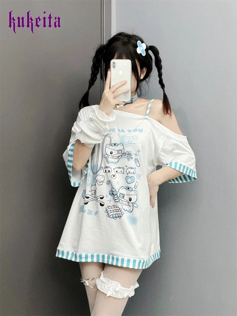 T-Shirt giapponese con spalle scoperte donna Kawaii Girl Harajuku Y2k Top Sexy Cute Cat Graphic Tees Shirt Fashion coreano Chic Streetwear