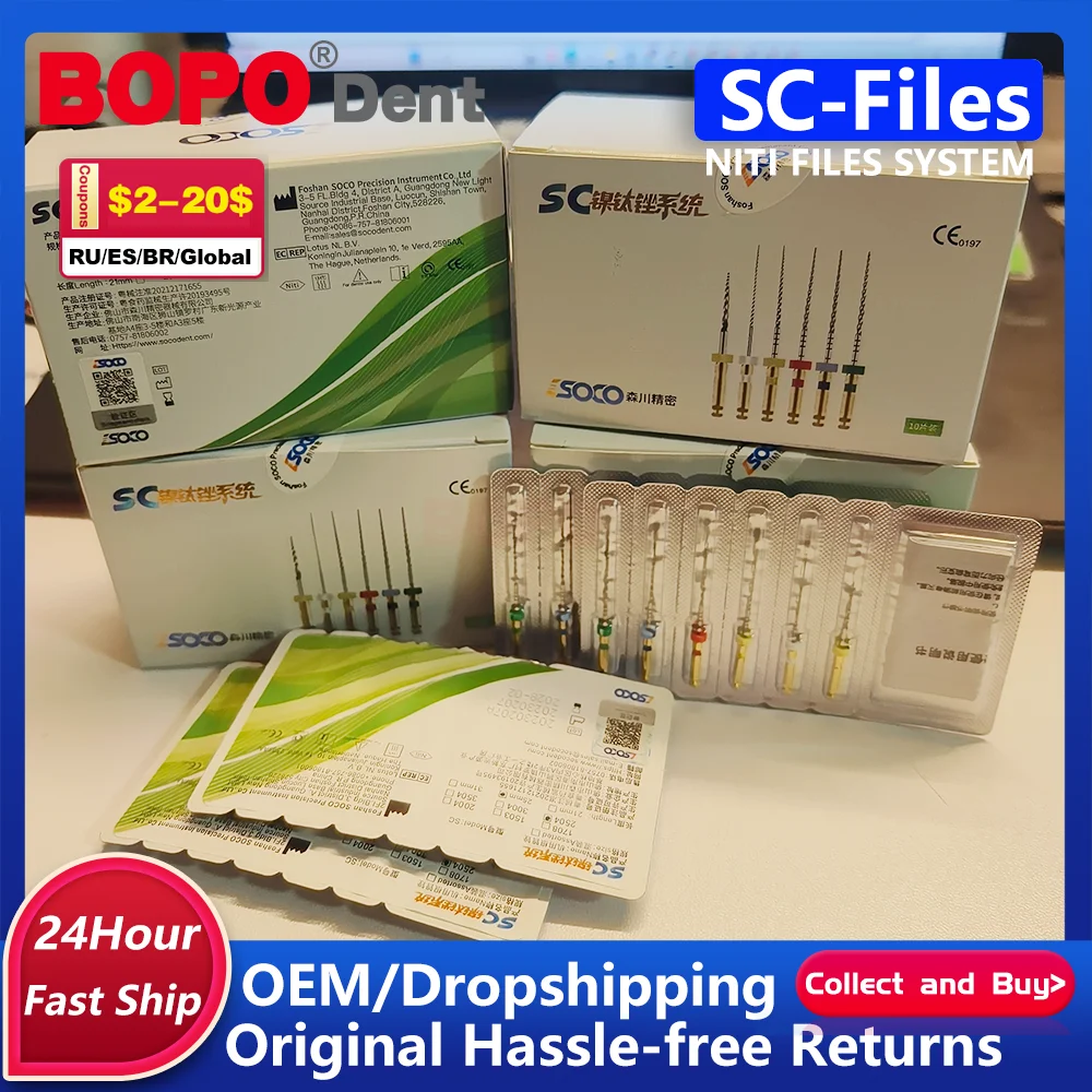 Limas rotativas dentales Limas SOCO 31mm 25mm SC Pro Niti Sistema de archivos surtido Embalaje verde Limas de conducto radicular Estomatología endodoncia