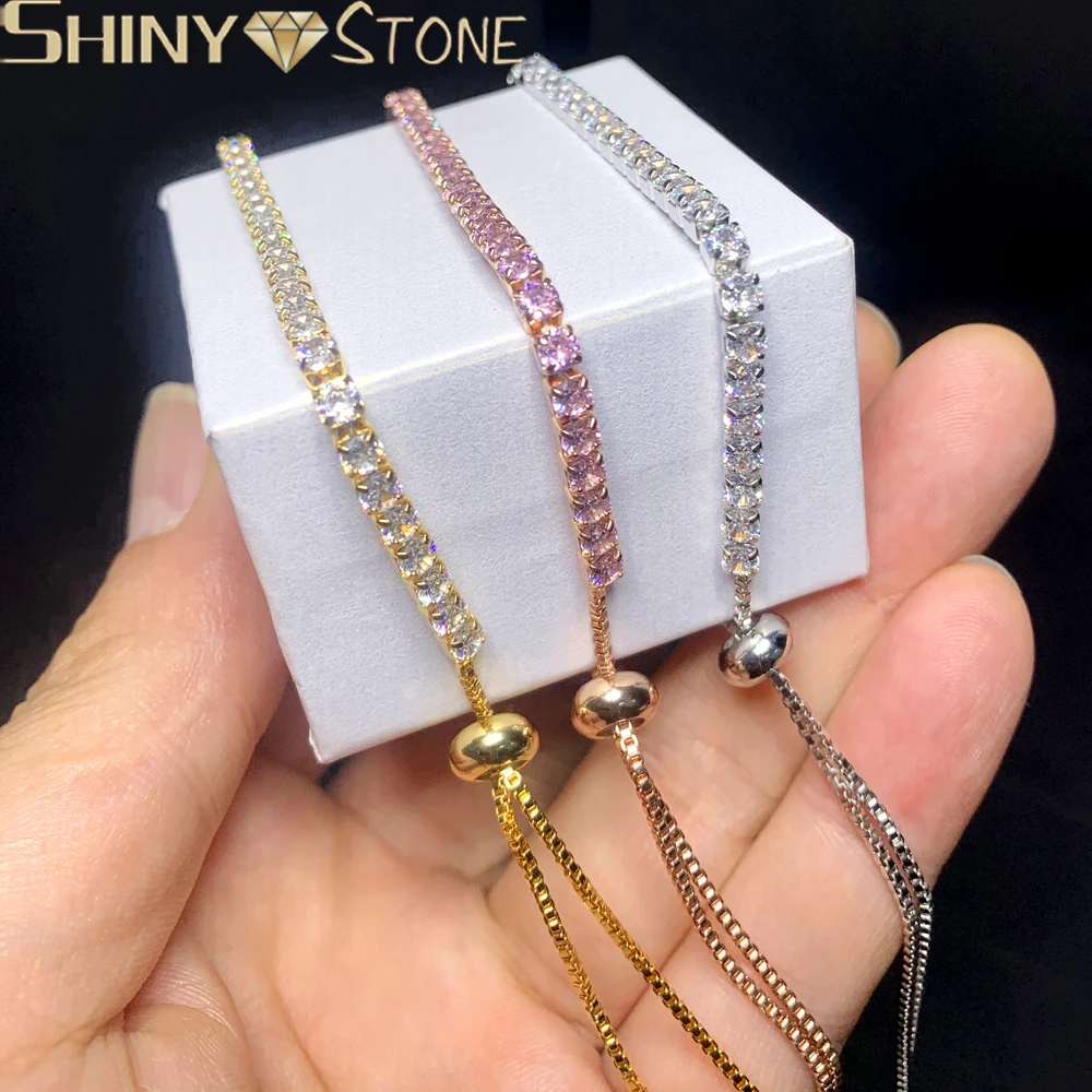 Pink White Cubic Zirconia CZ Tennis Chain Bracelet Iced Out Bling 3mm Cz Sparking Fashion Women Adjusted Slider Link Jewelry