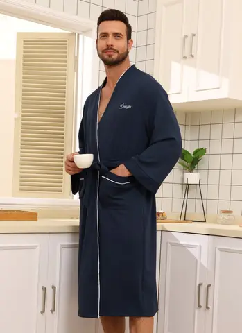 Mens Waffle Knit Quick Dry Bathrobe Absorbent Kimono Robe with Pockets White Piping Trim Soft Lightweight Mens Spa Loungewear