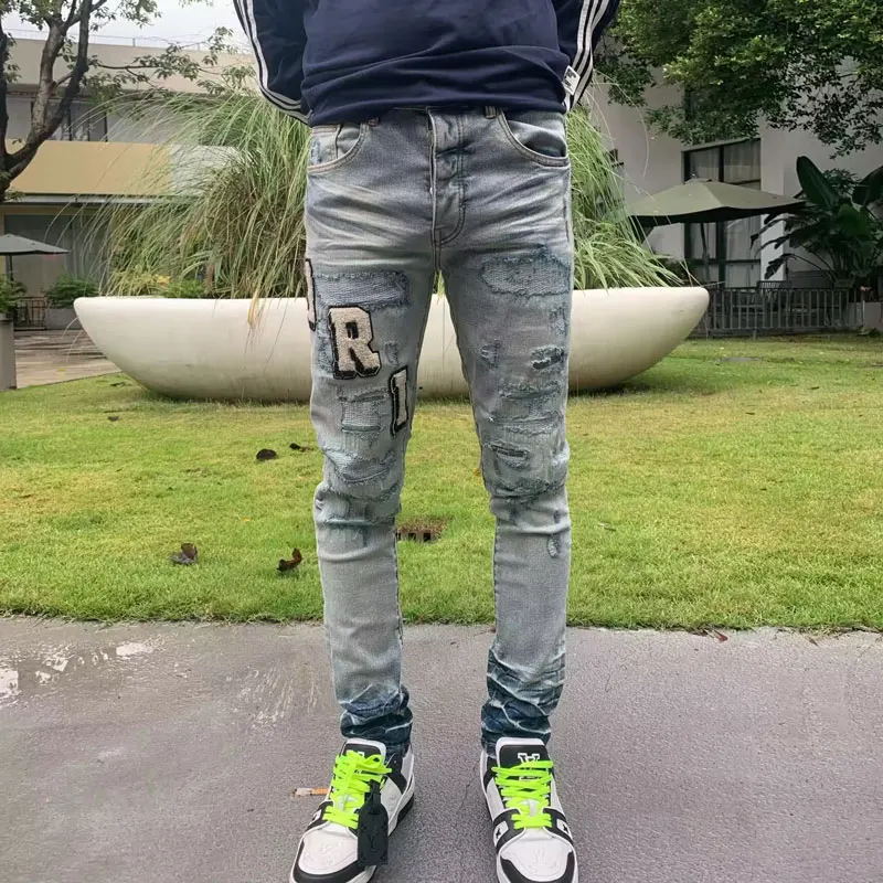 High Street Designer Fashion New Men's Jeans Wrinkle Stretch Tight Retro Light Blue Splicing Embroidered Jeans Hip Hop Brand Pan