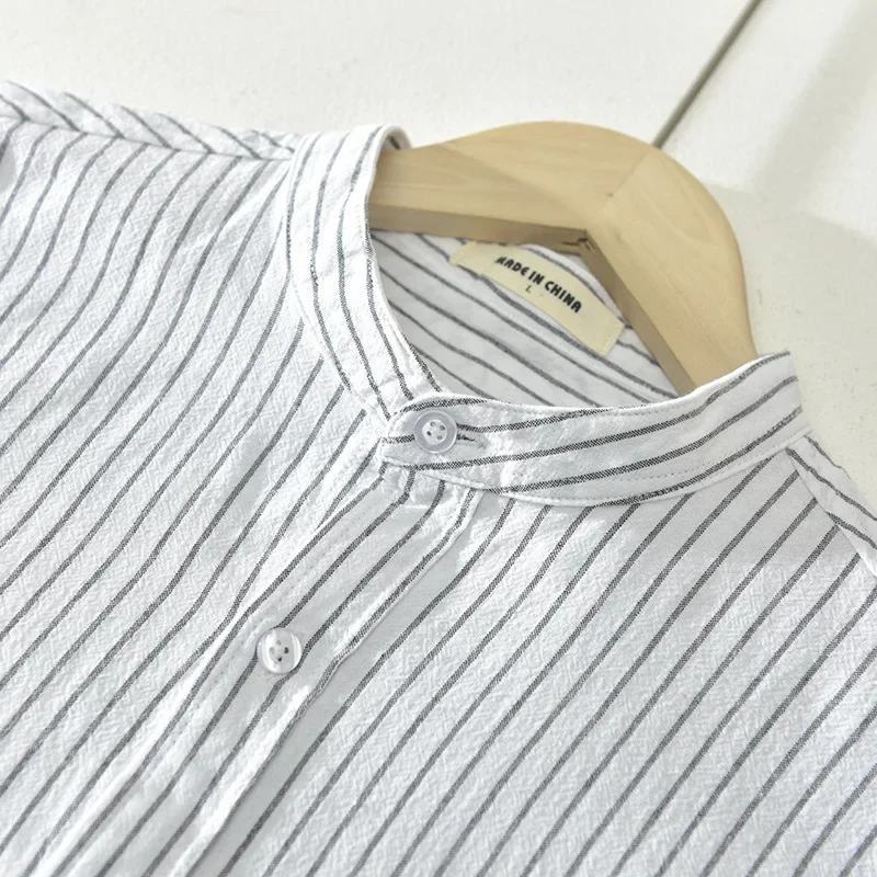 Men's Fashion Button Shirt Summer Casual Top Fashion Stripe Men's Shirt Short Sleeve Standing Neck Shirt