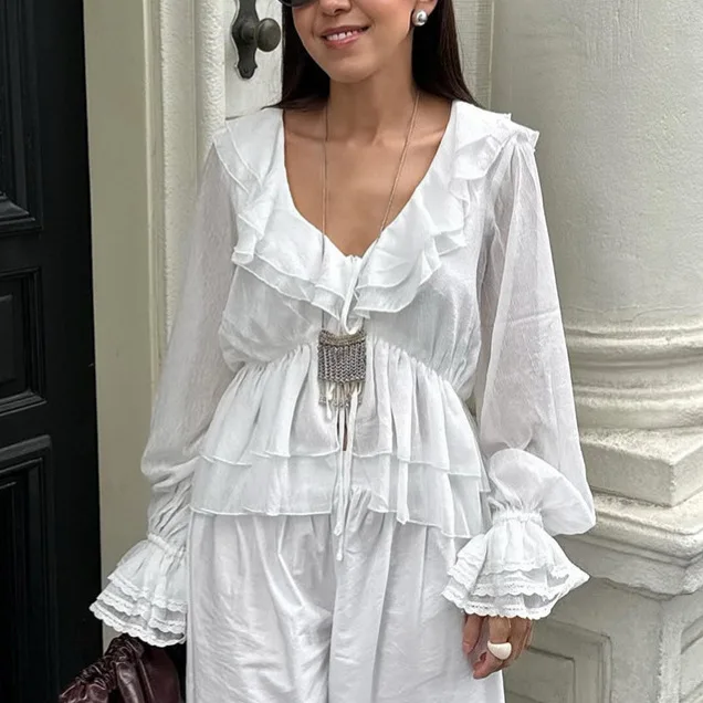 

Sweet Autumn Women's Blouse Deep V-neck Waist-Defining Layered Ruffle Long Lseeve Shirt For Female Temperament Chic Lady's Coat