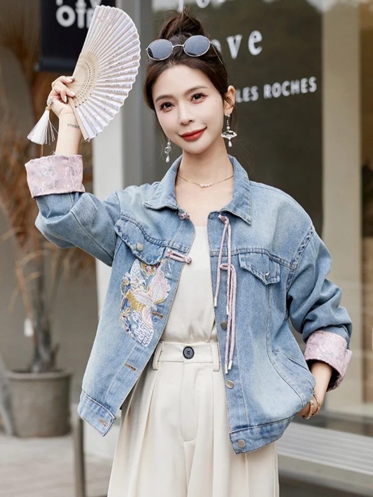 

Джинсовый джинсовый джерт Ele с вышивкой для женщин, винтажный лоскутный весенне-осенний новый джинсовый джинсовый джерт прямого кроя на пуговицах