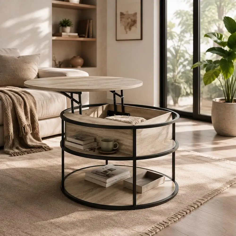 Table basse ronde à plateau relevable avec rangement dissimulé et étagères latérales, table de cocktail centrale de style industriel moderne avec cadre en acier robuste pour salon ou appartement, design peu encombrant, finition chêne rustique.