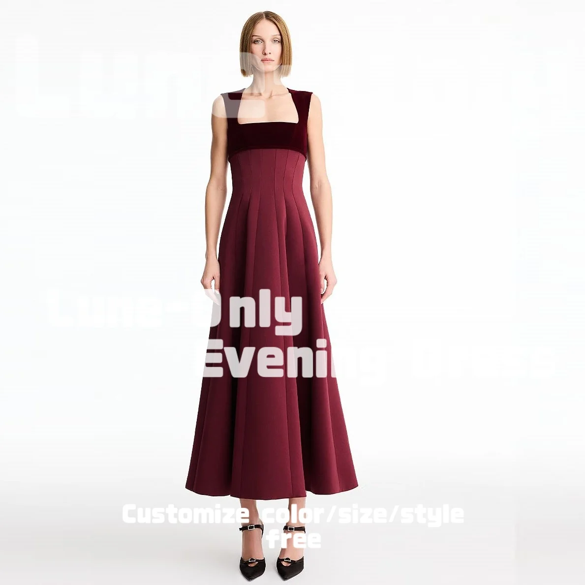 Abiti da sera personalizzati senza maniche con scollo quadrato drappeggiato A-Line Midi elegante abito da festa abito formale da ballo