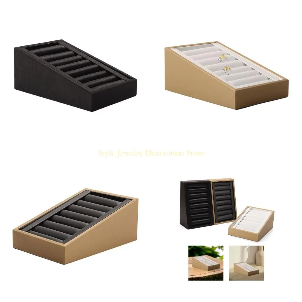 

D46E Trapezoidal Jewelry Tray PU Leather with 7 Slots for Home or Store Organizing Rings Earrings Studs and Bracelets