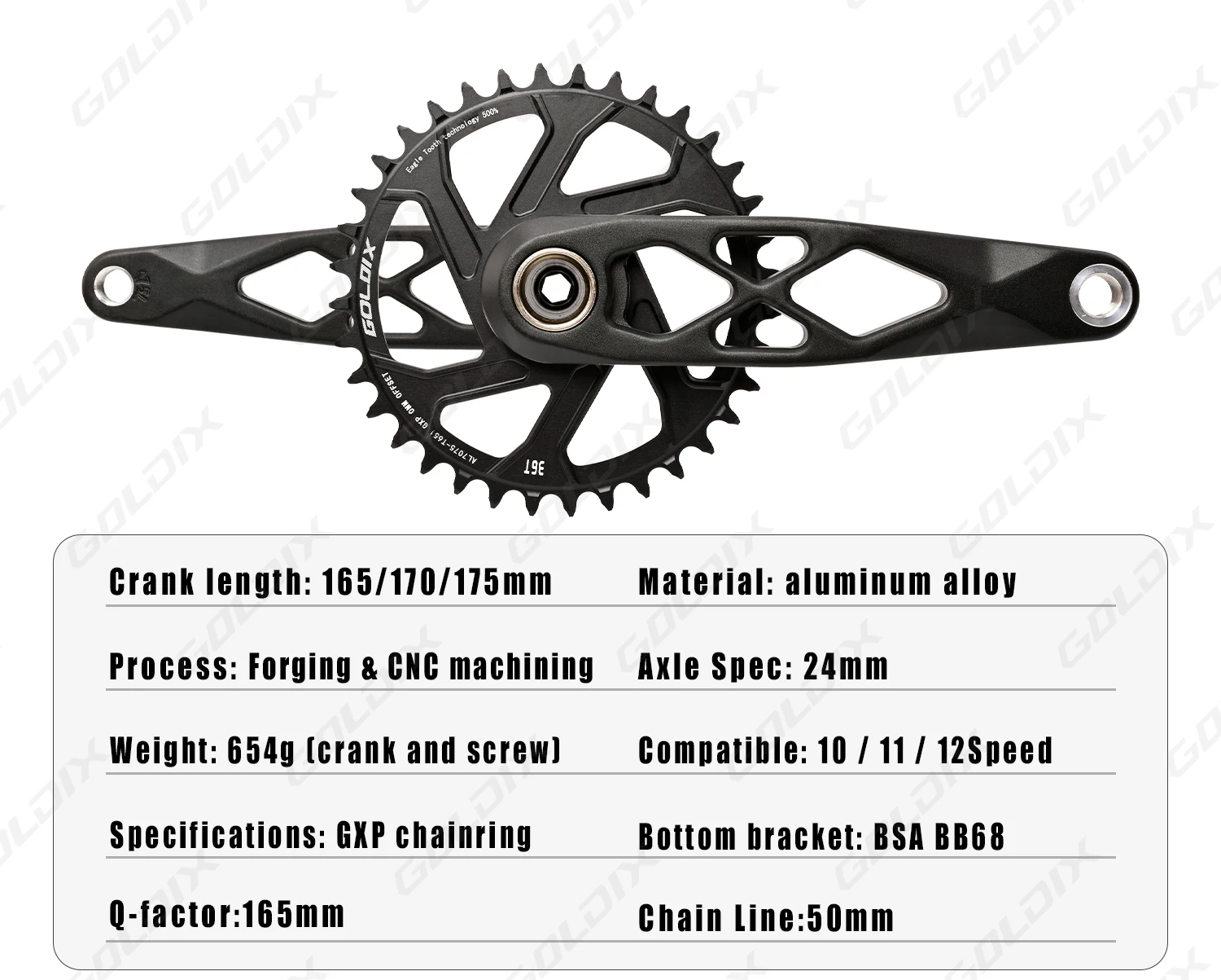 GOLDIX Hochfeste Fahrradkurbelgarnitur 165/170/175mm Geschmiedeter Legierungs-Kurbelarm 3-Bolzen-Direktmontage Schmal-Breit-Kettenblatt für MTB-Fahrrad – Detail 2