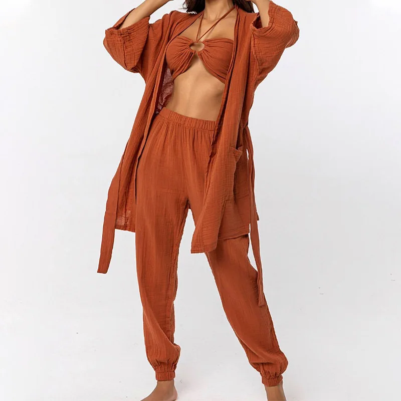 Women Double Layer Wrinkled Cotton Home Suit Sexy Casual Lace Up Shirt Sling Pencil Pants 3 Piece Set 2022 Autumn Beach Outfits