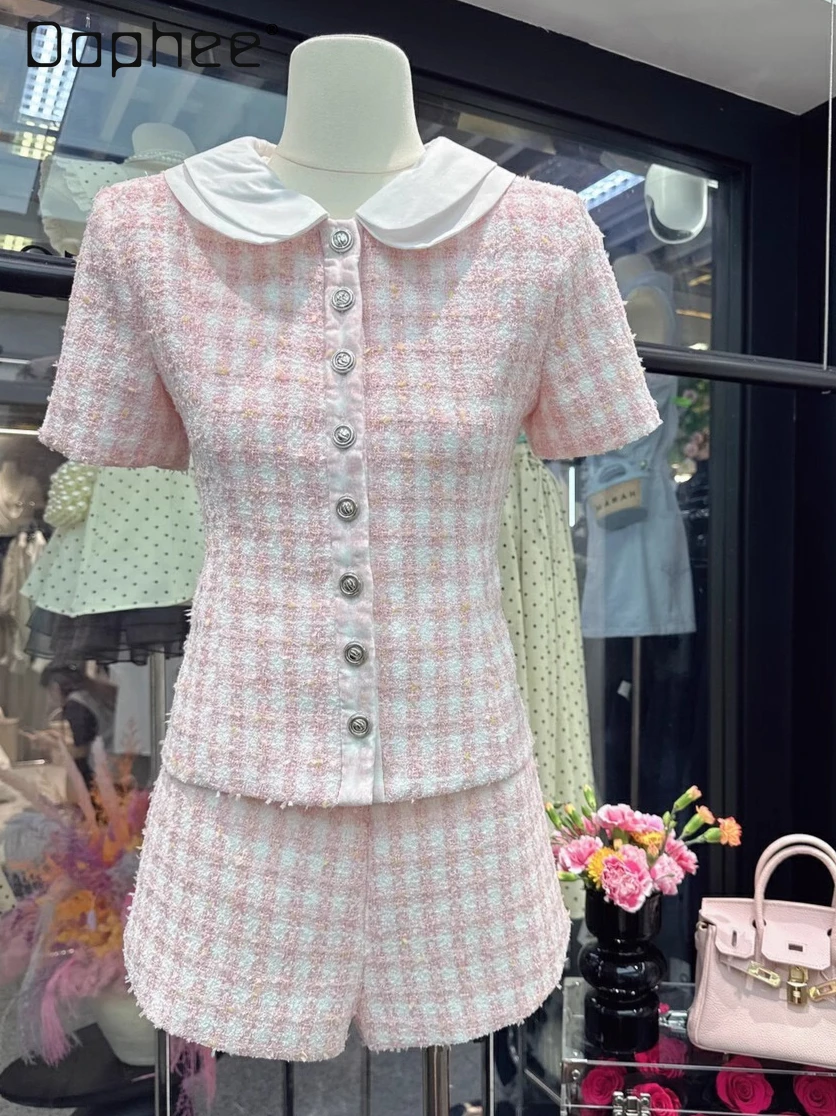 

French Sweet Temperament Celebrity Tweed Sets Doll Collar Short Sleeve Pink Plaid Jacket Shorts Two Piece Sets Womens Outifits