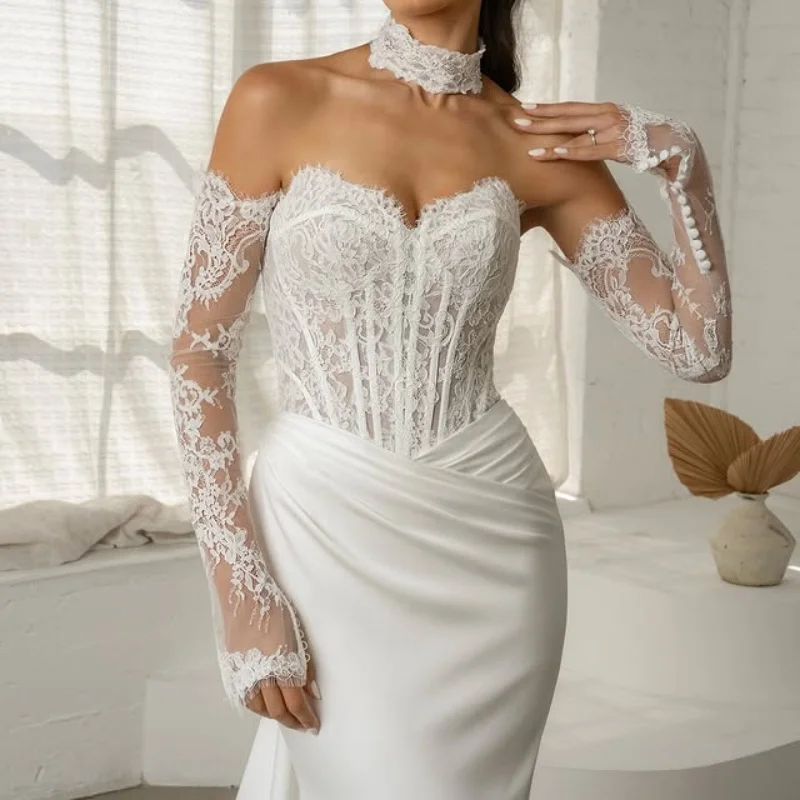 

Satin White Appliques Wedding Dresses long sleeves glitter fishtail Lace decal Gowns Made wedding dress