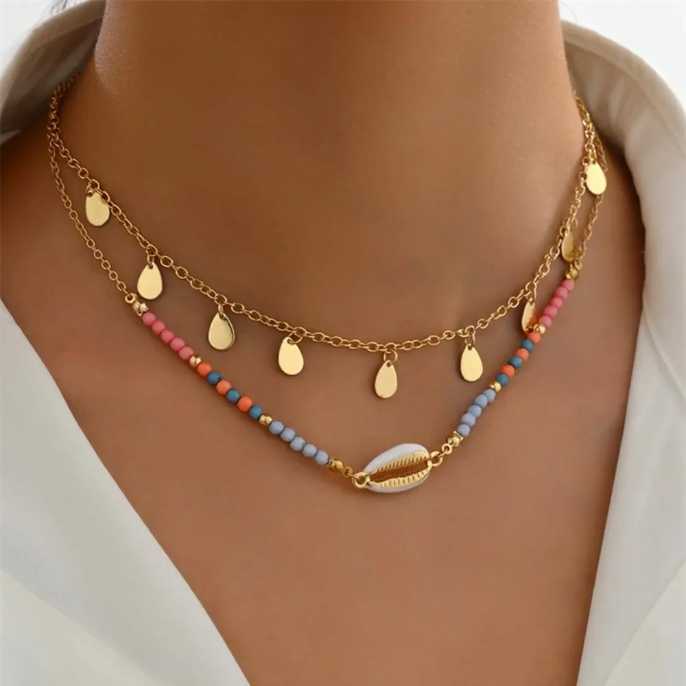 Boho Colorful Bead Chain Shell Gold-plate Water Droplets Sequin Tassel Pendant Necklace For Women Vintage Fashion Choker Jewelry