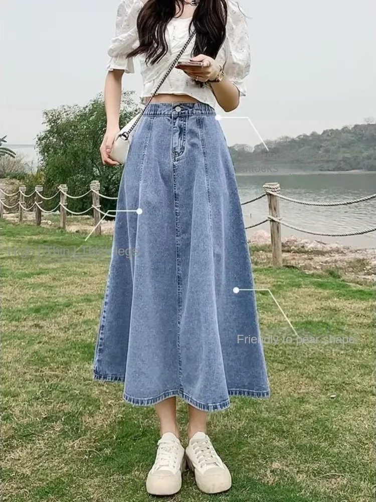 

Korean Style High Waist Long Skirts for Women, Thin A-Line Denim Skirt, All-Match Midi Skirts, Retro Fashion, Summer, New, 2022