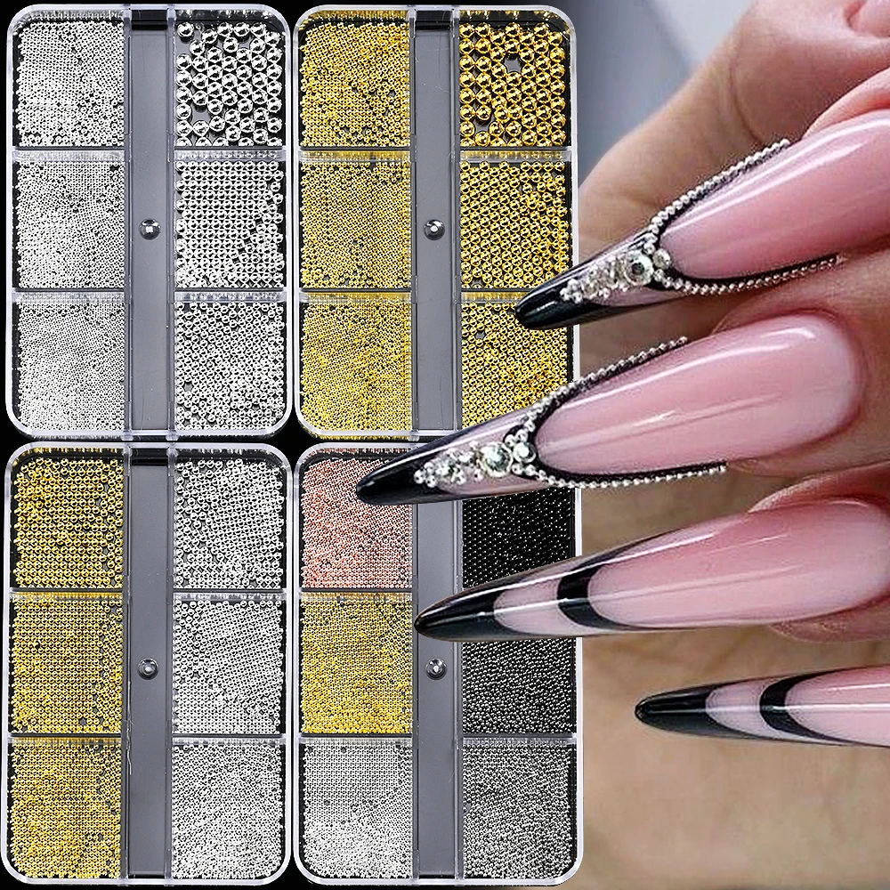 6Gird/box Stainless Steel Caviar Beads Nail Art Mixed-Size Alloy Gold/Silver Gun Bead Nail Charms 0.8-3mm Manicure Micro Ball