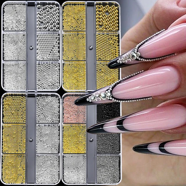 6Gird/box Koraliki kawiorowe ze stali nierdzewnej Nail Art Mixed-Size Alloy Gold/Silver Gun Bead Nail Charms 0.8-3mm Manicure Micro Ball