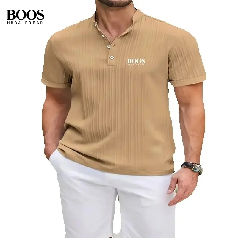

Summer men's high-quality striped Henry collar polo shirt, new fashionable and casual breathable T-shirt top