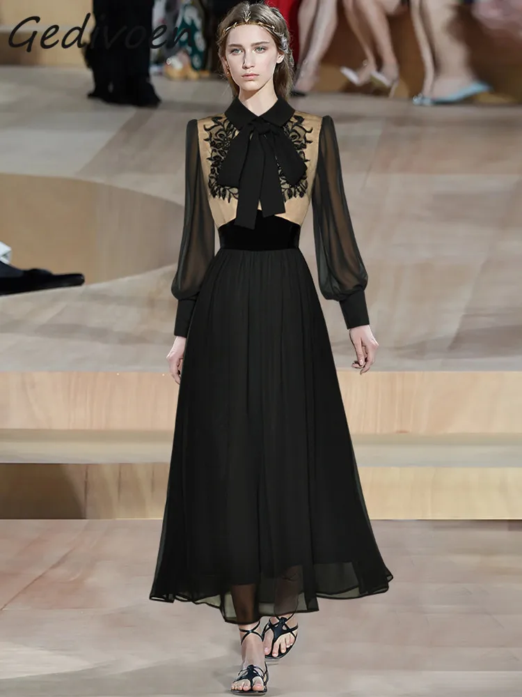 

Gedivoen Spring Fashion Designer Black Vintage Spliced Dress Women's Lapel Bow Beading Embroidery Sequins Mesh Slim Long Dress