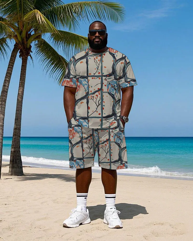Men's Plus Size 2 Piece Botanical Patchwork Print T-Shirt and Shorts Set, Short Sleeve Crew Neck, Summer Travel Wear, S-9XL