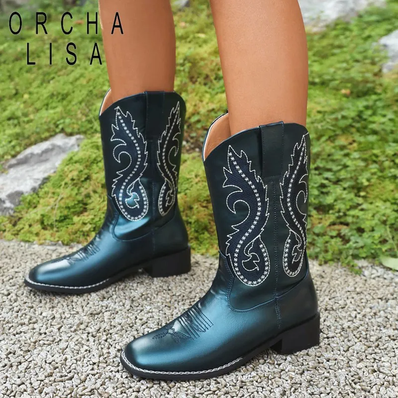 

ORCHA LISA Classic Women Mid Calf Boots Square Toe Block Heels 3.5cm Slip On Embroider Leisure Western Booties Plus Size 42 43