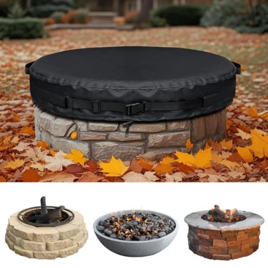 

51-74.8" Round Fire Pit Cover Heavy Duty 600D Oxford Waterproof Outdoor Firepit Cover with Adjustable Buckle Strap for In-Groun