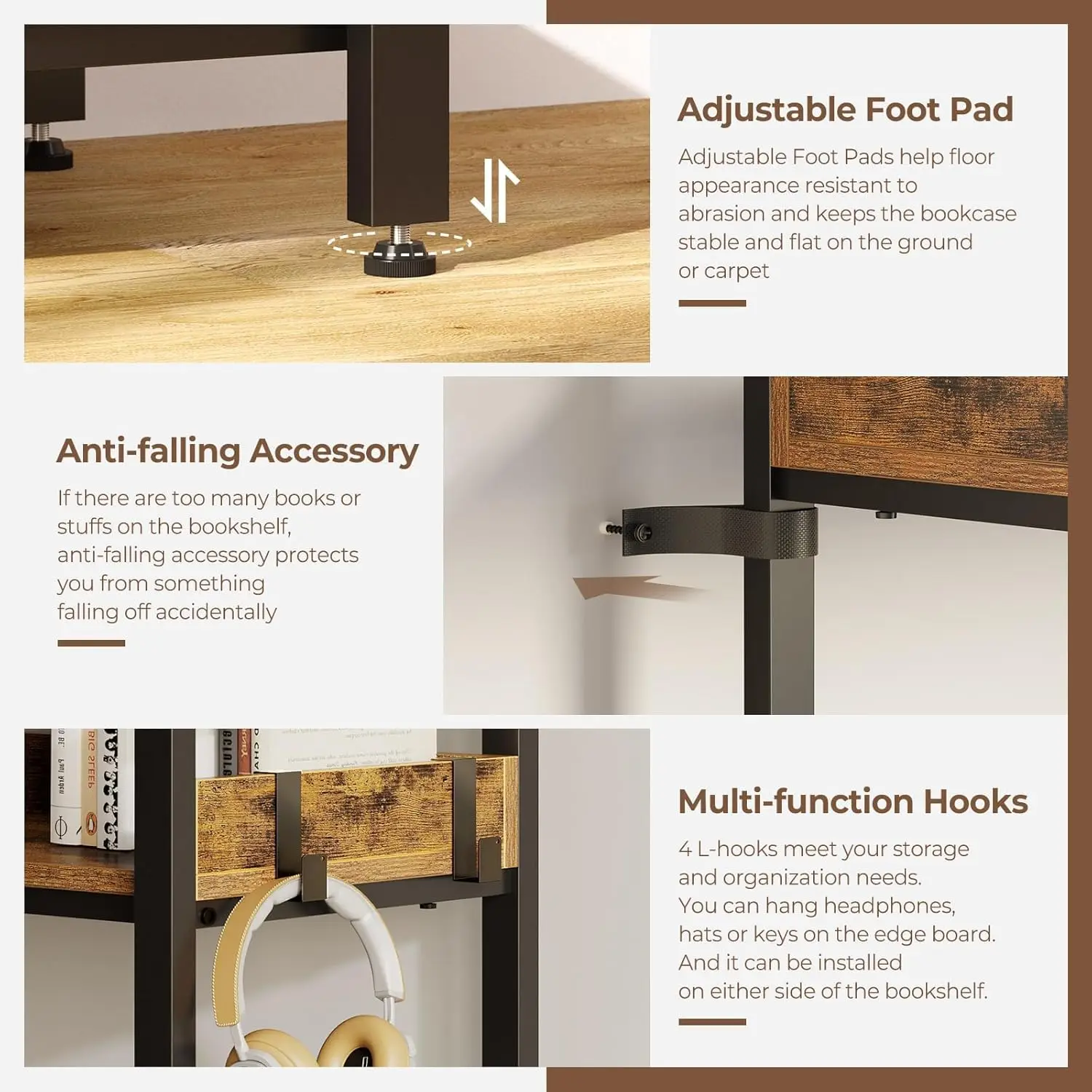 Bookshelf 5 Tier with 4 Hooks, Reversible Corner Bookshelf, 65" Industrial Wooden Bookcase with Open Shelves and Metal