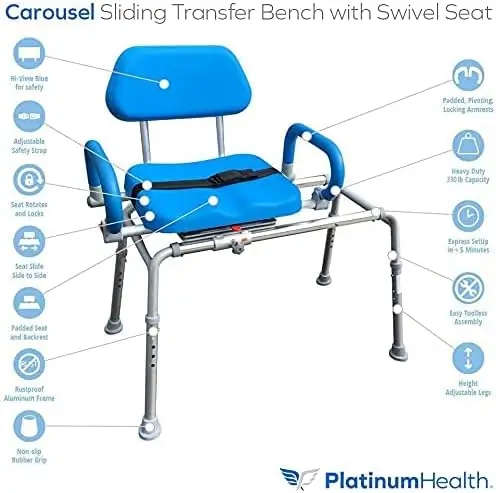 Carousel Sliding Shower Chair Tub Transfer Bench with Swivel Seat, Premium Padded Bath, with Pivoting Arms, Adjustable