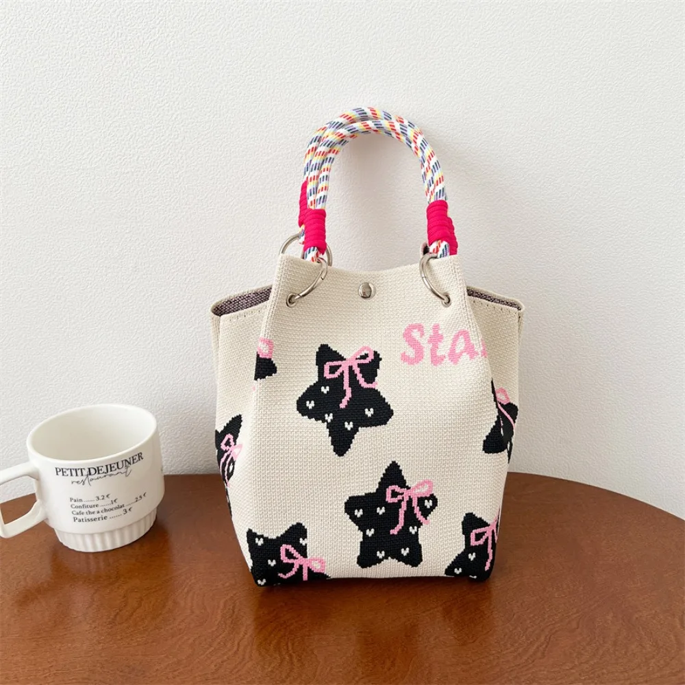 

Cute Cat Knitted Tote Bag Bear Bow Cartoon Knitted Handbag Star Weave Wool Bucket Bag Shopping Bags