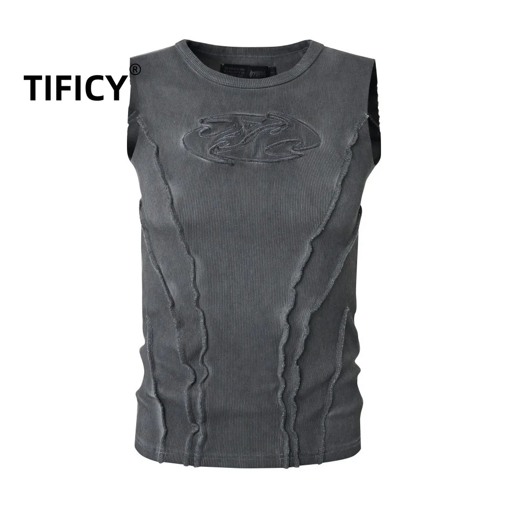High Street Tees Tank Top High Street Fringed Ribbed Tanks Washed and Worn Embroidered Slim Fit Sleeveless T-shirt Top